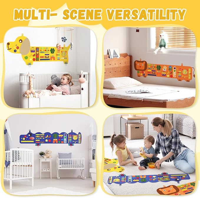 Dog Montessori Busy Board - Sensory Wall Panel for Kids, Felt Activity Cube for Toddlers, Daycare Toys and Playroom Furniture Essentials, Wall Mounted Sensory Board Toy Gift for Boys Girls, 3-6
