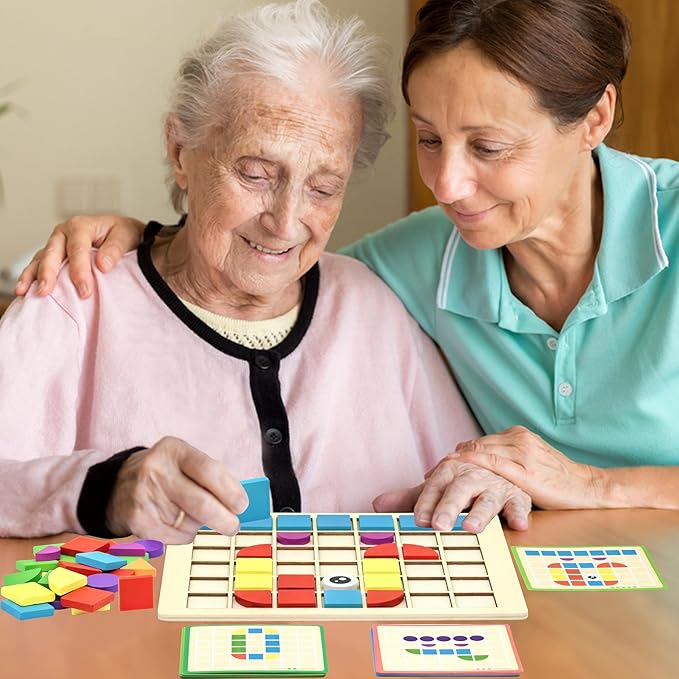 Activities for Dementia Patients, 80 Tiles Wooden Puzzle Games for Seniors, Colorful Shape Pattern Alzheimers Products for Elderly, Tile Matching Memory Cognitive Busy Board Gadgets Gifts