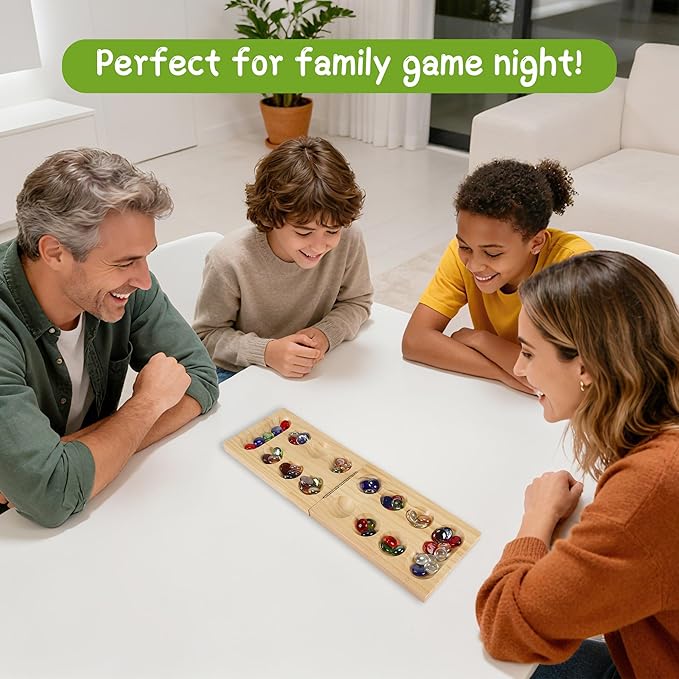 Mancala Board Game Set, Portable Travel Wooden Folding Set, Fun Table Games for Kids Adults Family Night, 48 Multi Color Glass Stones, Birthday, 2 Players Games