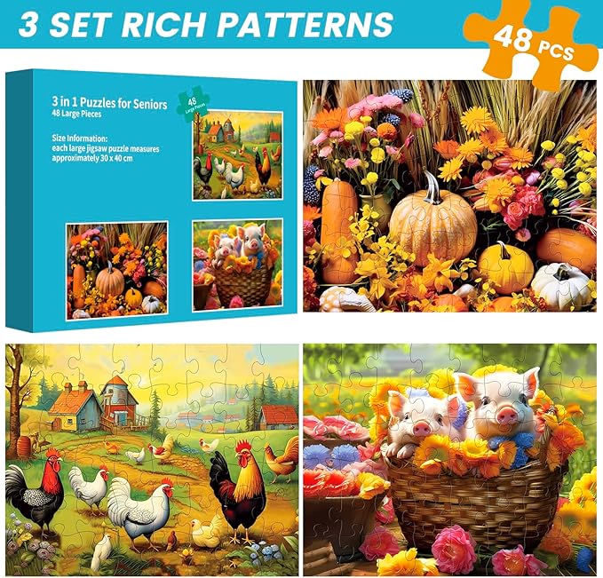 48 Large Piece Puzzles for Seniors, 3 Pack Dementia Puzzles for Elderly, Alzheimer's Jigsaw Puzzles for Seniors with Dementia, Easy Puzzles Activities for People with Dementia