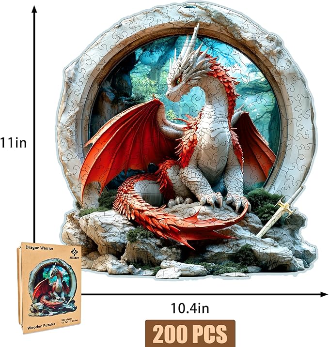 Wooden Jigsaw Puzzle, 200-500 Pieces Unique Shape Animal Puzzle, for Adults & Kids, Birthday Gift Family Game, Decorative Puzzle, Unique Gift (Dragon Warrior, 200 PCS)