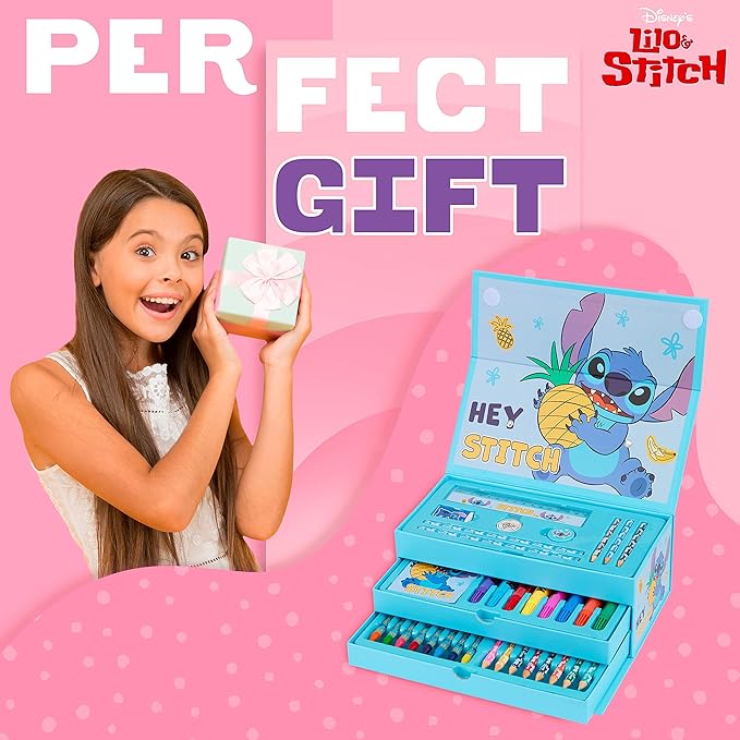 Disney Stitch Kids Colored Pencils Drawing Kit Art Set for Girls Boys Stationery with Notepad Crayons Markers Travel Case Gifts for Kids (Blue Stitch)