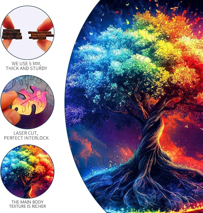 Wooden Jigsaw Puzzle, 200-500 Pieces Unique Shape Animal Puzzle, for Adults & Kids, Birthday Gift Family Game, Decorative Puzzle, Unique Gift (Rainbow Tree, 500 PCS)