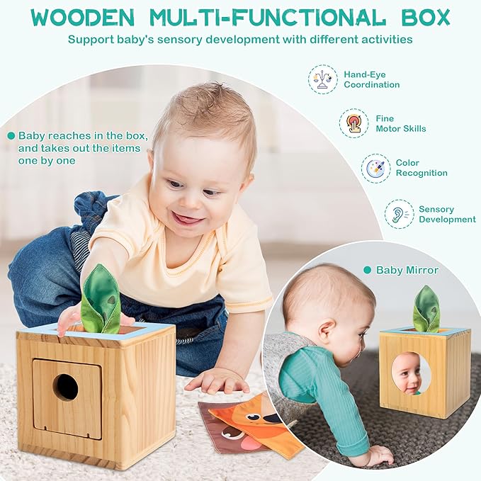 Montessori Toys for Babies 0-6 Months, 9 in 1 Learning Educational Sensory Toys for Newborn 0-3-6 Months, Includes High Contrast Cards, Baby Tissue Box Toy, Spinning Drum, Teether and More