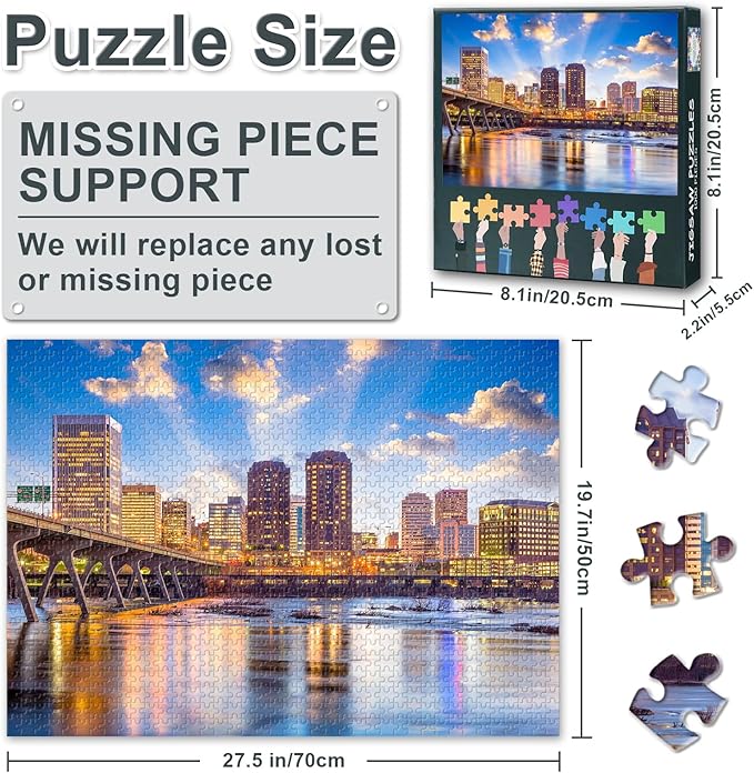 Puzzles for Adults 1000 Pieces Richmond Virginia USA Cityscape Challenging Jigsaw Puzzles for Adults, 27.5x19.7 Inch Puzzle Game for Women Home Decoration Birthday Gift (City Skyline Series)