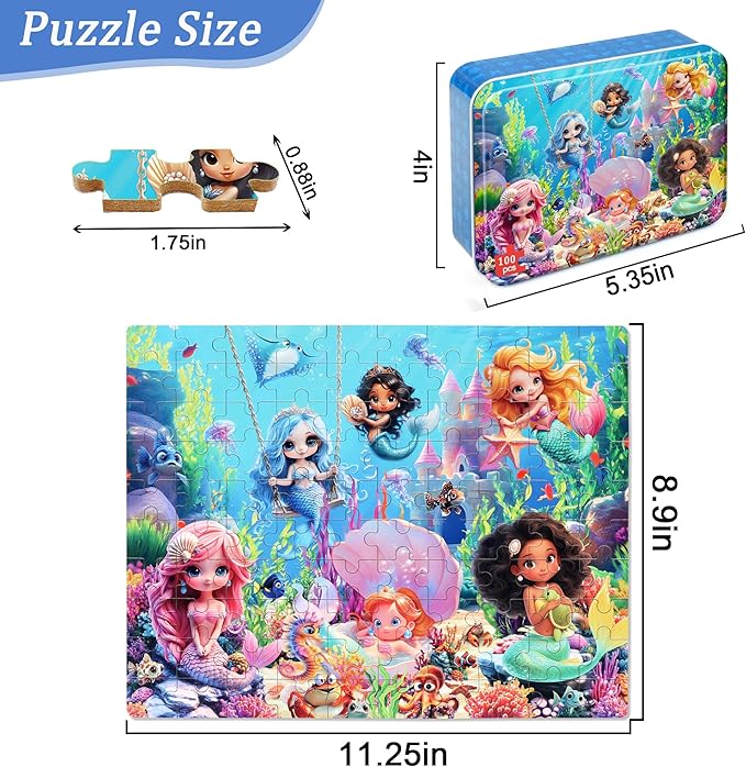 Mermaid Princess Puzzles for Kids Ages 4-8, 100 Pieces Jigsaw Puzzles for Kids Ages 3-5 Puzzle for Girls and Boys Learning Educational Puzzles Toys in a Metal Box