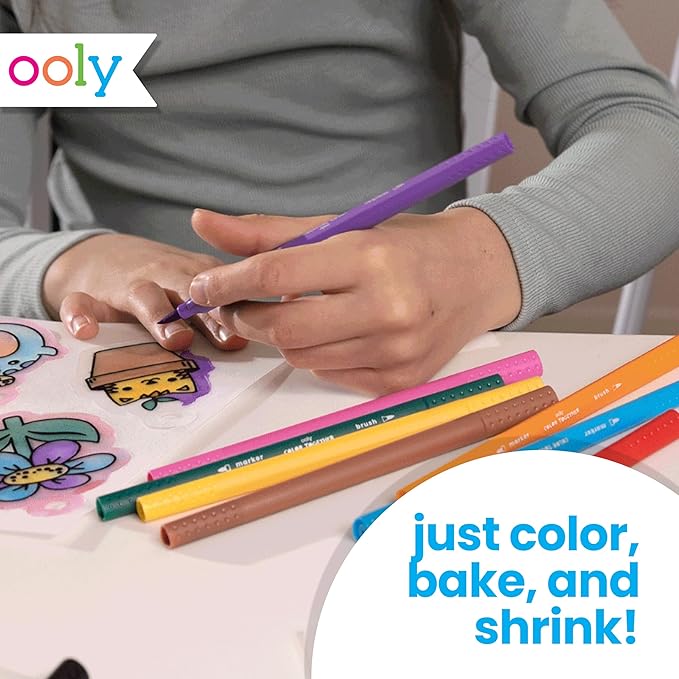 Ooly Shrink-Its 74 PC DIY Shrinking Art Kit with 8 Paint Markers, Includes 48 Plastic Pre Cut Charms, 15 Colored Ball Chains and 2 Colored Cords