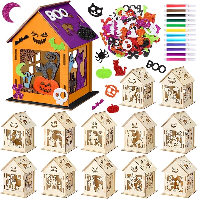 12 Sets Wooden Thanksgiving Halloween Houses Fall Graffiti Crafts Pumpkin Wood House Ghost Table Decor 12 DIY Unfinished Craft Kit 12 Watercolor Pens 100 Foam Stickers(Halloween Style)