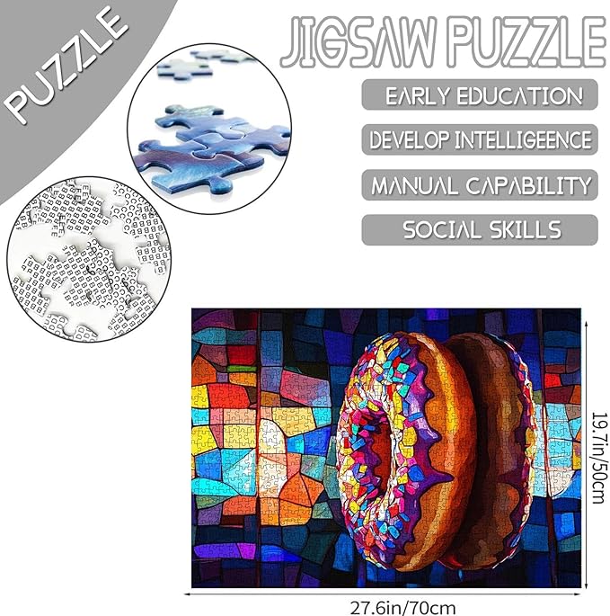Glass Doughnut Jigsaw Puzzle，Big Doughnut 1000 Pieces Jigsaw Puzzles for Adults，27 x 20 Inches Puzzles for Families，HD Quality Stained Glass Doughnut Photo Puzzle Gift，Family Activity for Game Nights