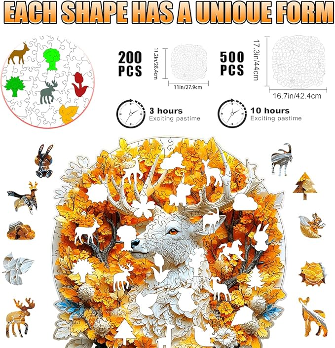 Wooden Jigsaw Puzzle, 200-500 Pieces Unique Shape Animal Puzzle, for Adults & Kids, Birthday Gift Family Game, Decorative Puzzle, Unique Gift (Golden Deer, 300 PCS)