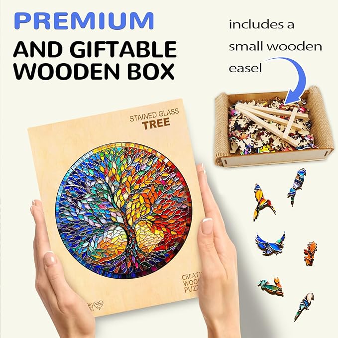 WOODBESTS Wooden Puzzles for Adults, Stained Glass Tree Wood Puzzles Adult(300 Pieces, L, 13.4 * 13.4in), Unique Shape Wooden Animal Jigsaw Puzzles, Birthday Gifts for Adults Family Game