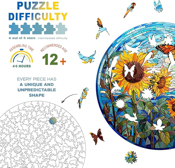 Wooden Puzzles for Adults - Stained Glass Sunflower Wooden Jigsaw Puzzle - Unique Animal Shaped Wood Puzzles Adult - Christmas Birthday Gifts for Adults/Friends/Family - 300pcs 13.4 * 13.4in