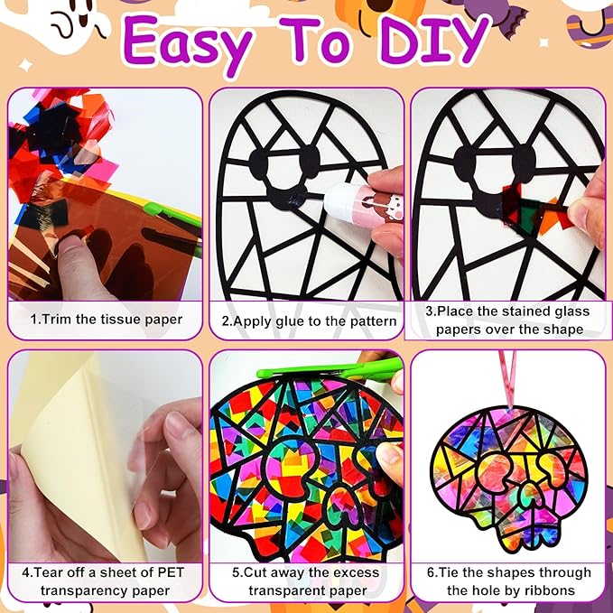 EggSun 36 Sets Halloween Suncatchers Craft Kit Ornaments Stained Glass Window Arts and Crafts Kit for Classroom Holiday Projects Home Halloween Party Favors Decorations Ages 4 8 12