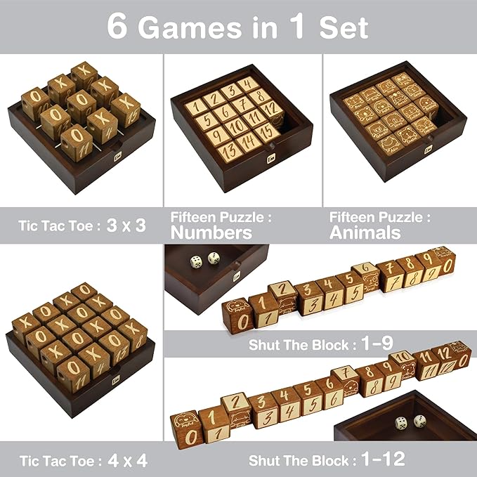 Super SIX : Wooden Multi Board Game: Tic Tac Toe + Shut The Block + 15 Number Sliding Puzzles for Kids and Family