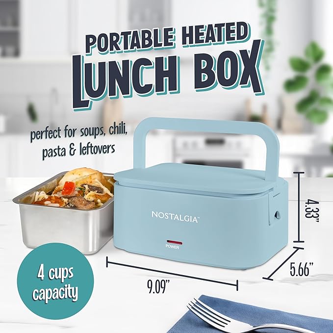 Nostalgia 32-Ounce Heated Electric Lunch Box – Travel Size 4 Cup Capacity for Soup, Pasta, and Leftovers – Leak-Proof Silicone Sealed Lid, Foldable Carry Handle, Detachable Cord – Chambray