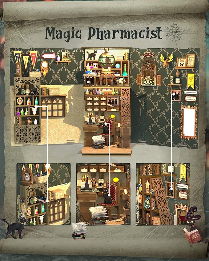 Cutefun Book Nook Kit, DIY Miniature Dollhouse Booknook for Adults, 3D Wooden Puzzle Bookend Bookshelf Insert Decor with LED Light, Gift for Craft Lovers (Magic Pharmacist)