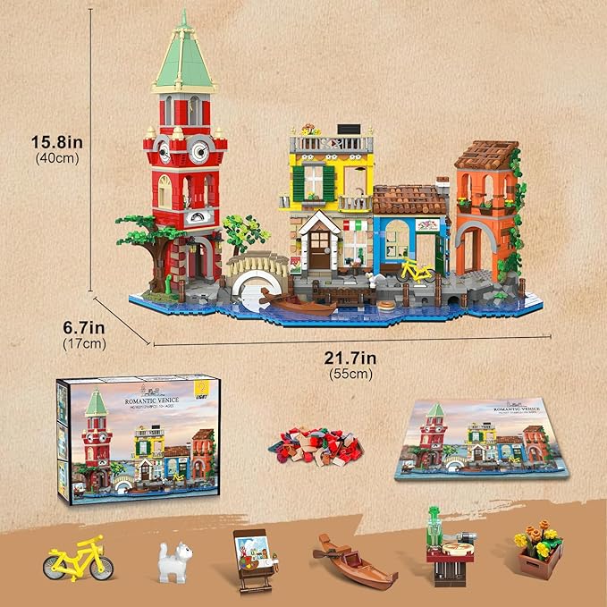 Venice Main Street Building Set for Adults, 2155 PCS City Riverside House Building Block Kit with Light Flower Shop Pizzeria, Home Decor Architecture Brick Model Women Men Teen Girl 12+