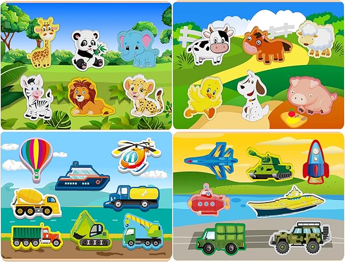 Wooden Peg Puzzle for Toddlers 1-3 Year Old,Funsland Puzzles Gifts Colorful Toys Cartoon Gifts,Farm Zoo Animals Vehicle Arsenal Puzzles (Pack of 4)