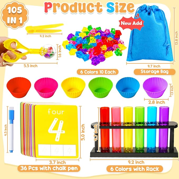 Rileryan 105 Pcs Test Tube Counting and Color Sorting Kit Sensory Bin Table Filler Accessories Fine Motor Skills Color Matching Rainbow Sorting Set with Acrylic Gems Crystals Sorting Bowls Cups Tools