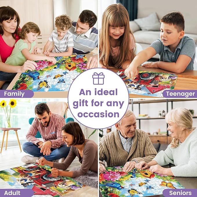 2-Pack 300 Pieces Puzzles for Kids, Farm Dog Puzzles 300 Pieces Spring Flowers Birds Jigsaw Puzzle for Adults, Large Piece Puzzle, Puzzle Toys for Boys and Girls, Family Activity Game Nights Gifts