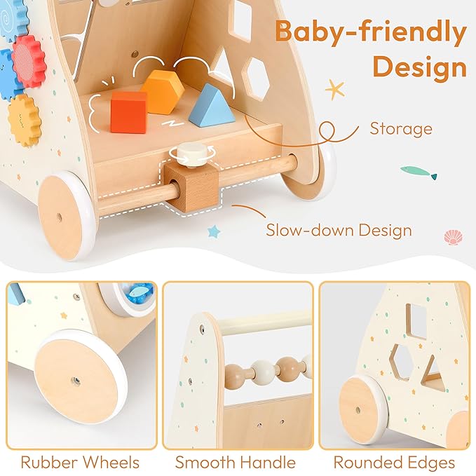 Wooden Baby Walker Push Toy with Activity Center, Montessori Toddler Walking Wagon with Blocks, Gears & Shape Sorter for 1 2 3 Year Old Boys Girls