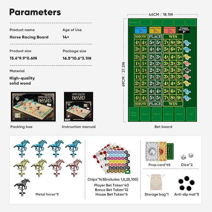 Premium Horse Racing Game with Cards and Dice, Horse Race Betting Board Game for Adult, Thickened Solid Wood with 143 Chips, 9 Metal Horses, Bet Board & Tokens & Cards, Rich Props for Enhanced Fun