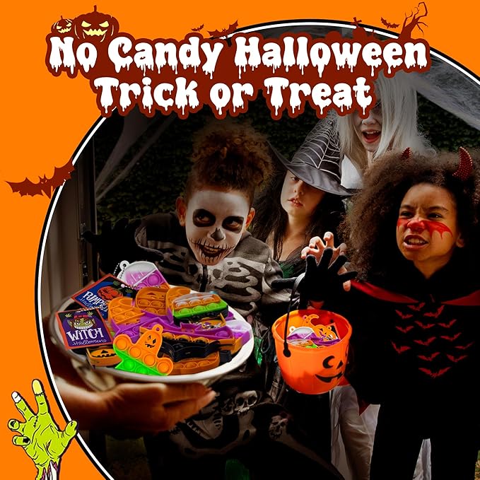 Halloween Party Favors for Kids,24 Packs Mini Pop Fidget Toys with Novelty Cards, Bulk Trick or Treat Keychain for Toddler Teen Age 3-8,8-12,Halloween Goodie Bag Stuffers Classroom Prizes Sensory Toy