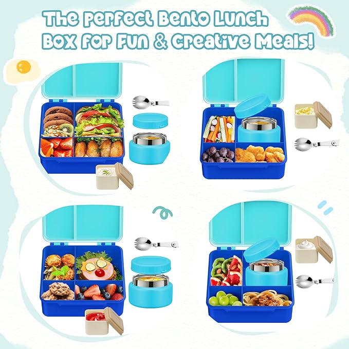 Kids Bento Lunch Box with 8oz Soup Thermo, Kids Leakproof Lunch Food Containers with 4 Compartment,Insulated Hot Food Jar with Lunch Bag for School, Travel (Blue-No lunch bag)