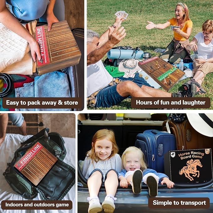 FUNNYB&G 21 inches Horse Race Board Game Foldable Large Horse Racing Game for Adults with 11 Metal Horses, Solid Wood 60 Pcs Poker Chips 2 Dice 1 Pack of Cards for Family Tabletop Parties(Brown)