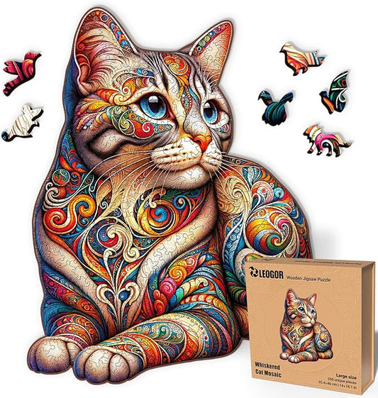 LEOGOR Wooden Jigsaw Puzzles for Adults 350 Pieces (14 × 18.1 in), Cat Puzzle, Extra-Thick 5mm Wood, Colorful Mosaic Design, Unique Animal Shapes, Artistic & Relaxing Gift for Adults and Teens