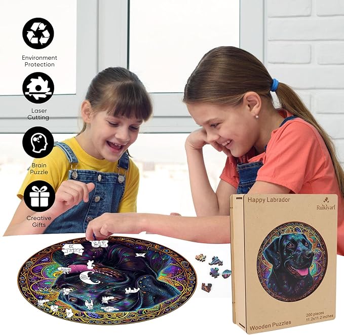 Ruikiyart Wooden Puzzles for Adults, 5MM 500 Pieces Happy Labrador Wooden Jigsaw Puzzles, Unique Shapes Pieces Dog Puzzle Gift for Kids and Adults on Birthday,Thanksgiving,Christmas (11.2"x11.2")