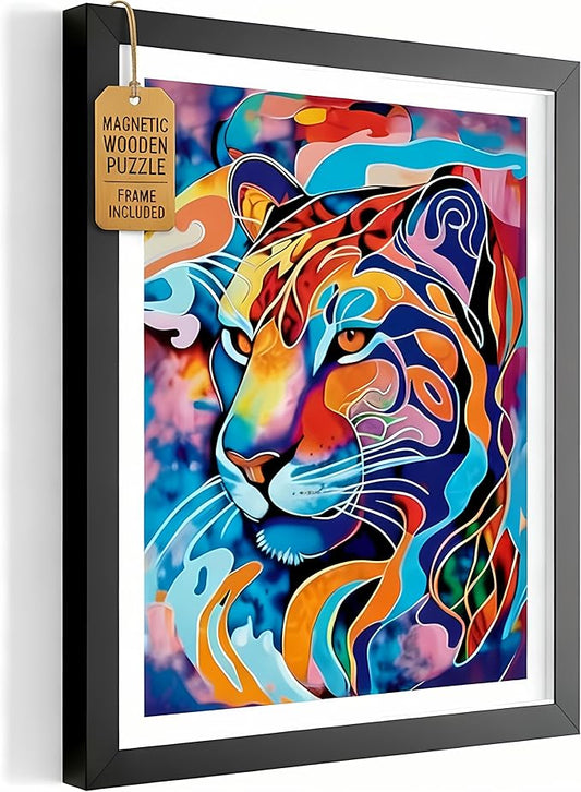 Magnetic Wooden Jigsaw Puzzles with Frame for Adults - Wooden Puzzle Wall Art - Landscape Lazer Wood Cut Puzzles - Rompecabezas para Adultos - Christmas & Birthday Gift (Colorful Tiger)