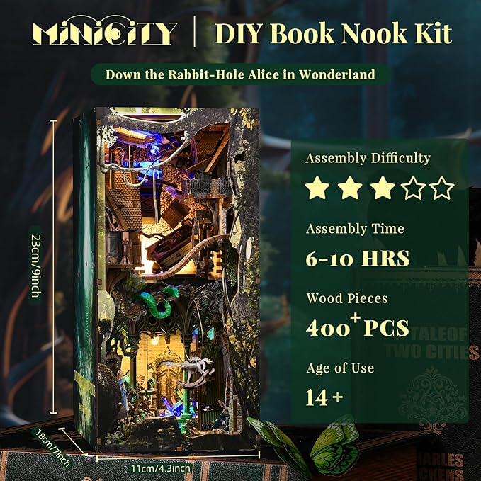 DIY Book Nook Kit for Adults, 3D Wooden Puzzle Bookend Bookshelf Insert Decor with LED Light and Dust Cover (Down The Rabbit-Hole Alice in Wonderland)