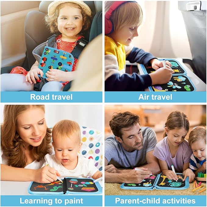 Erasable Doodle Set for Kids - Magic Drawing Book With 12 Watercolor Pens, 14 Page Reusable Book, Road Trip Car Game Writing Painting Set for Boys and Girls