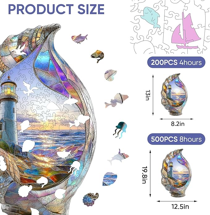 delobil Wooden Puzzles for Adults, Shell Landscape Jigsaw Puzzles 500 Pieces, Unique Shape Puzzles for Adults and Kids, 19.8 x 12.5 Inches Medium Size, Fun Challenging Puzzles Family Game