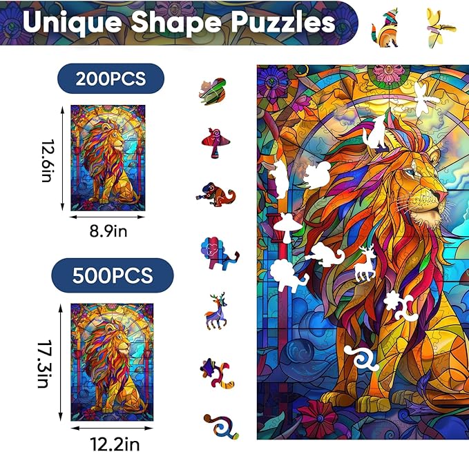 Ruikiyart Wooden Puzzles for Adults Stained Glass Lion Jigsaw Puzzles 500Pcs Unique Animal Shapes Puzzle Games Fabulous Gift for Kids and Adults on Birthday,Thanksgiving,Christmas 12.2x17.3 Inches