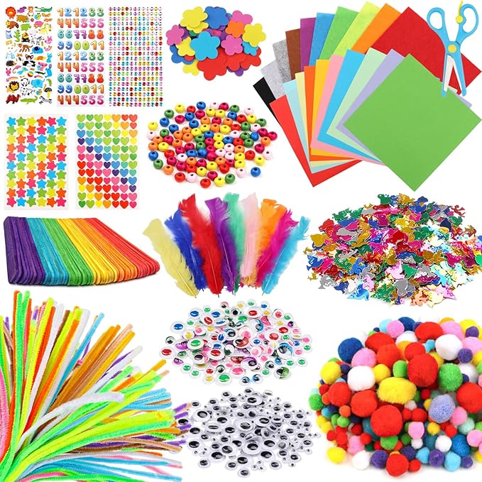 DOITEM Pipe Cleaners Craft Supplies, 1500+Pcs Arts and Crafts Supplies Including Pipe Cleaner Wiggle Googly Eyes Pom Poms Feathers Sticks Sequins Foam Flowers Papers Felt Stickers
