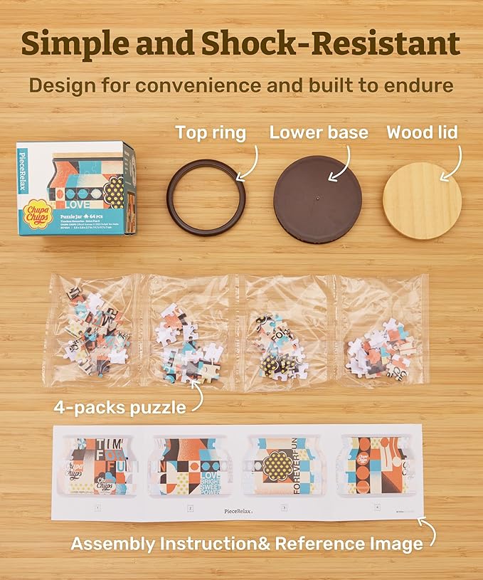 Chupa Chups X PieceRelax 3D Puzzle Jar 64 Plastic Pieces for Adults - Timeless Memories - Pop Energy S Wooden Lid Container for Kitchen Dining Study Living Room No Glue Requied Small [BC1023]