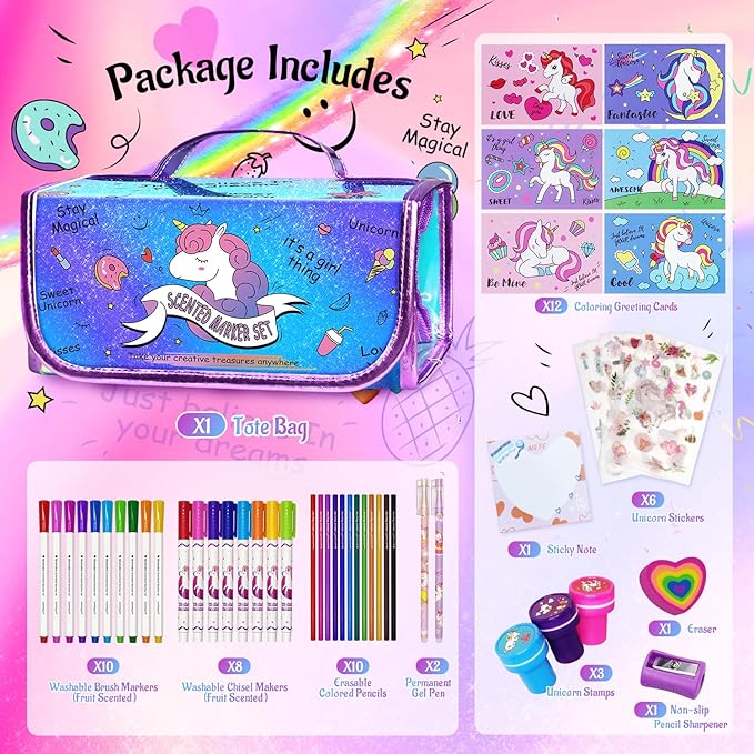56 PCS Washable Scented Markers Set with Glitter Pencil Case, Mermaid Unicorn Arts and Crafts for kids 4-6-8 Kids Coloring Drawing Kits for 4-8 Years Old Girls Birthday Gifts