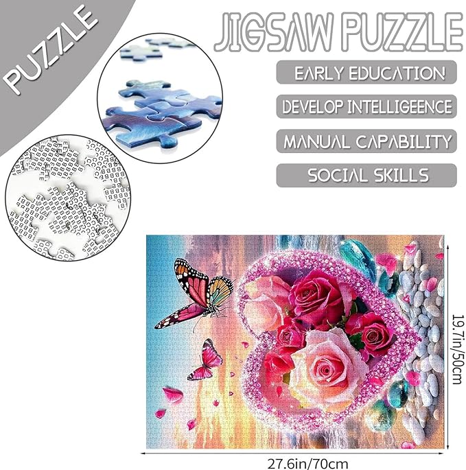 1000 Piece Jigsaw Puzzles for Adults Loving Heart Painting Jigsaw Puzzle Romantic Rose and Butterfly Puzzles for Challenging Family Activity Seascape Art Puzzle Wall Decor Boho Gift (Colorful)