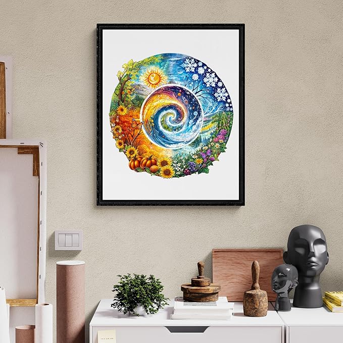 KAAYEE Wooden Puzzles for Adults, 3D Visual Effect Seasons of Life Wooden Jigsaw Puzzle Unique Shape Wood Puzzle Adult, 3D Effect Flat Puzzle Birthday Family Game (M-11.4 * 11.4 in-200pcs)