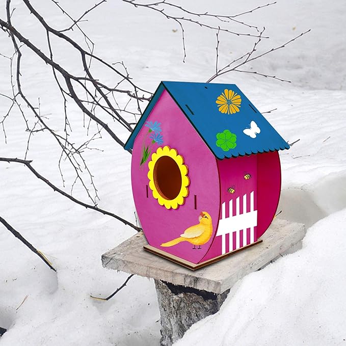 Glintoper Art Craft Wood Toys for Kids, 4 Pack DIY Bird House Kit Painting Puzzle DIY Wooden Assembly, Build and Paint Birdhouse, Include Paints & Brushes, Wooden Arts for Girls Boys Toddlers