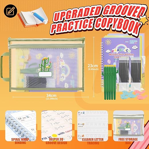 Upgraded Large Size Magic Practice Copybook for Kids, Reusable Grooved Handwriting Practice Book for Preschool Kids Age 3-8 Calligraphy with Catus Pens & Storage Bag (5PCS 7.3 * 10.3 inch)