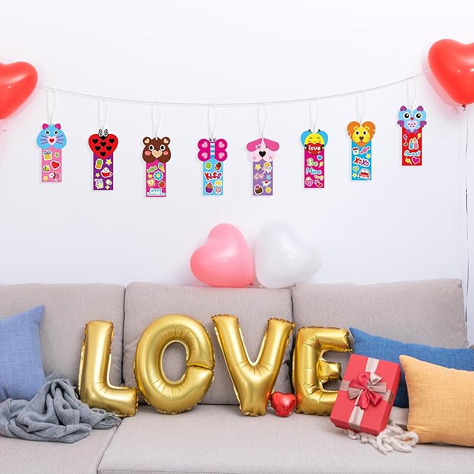 ANGOLIO Valentine's Day Bookmarks Craft Kits - 40Sets Valentine's Day Animals Craft for Kids DIY Make Your Own Heart Animal Set Self-Adhesive Face Stickers for Kids Classroom Gifts Party Supplies