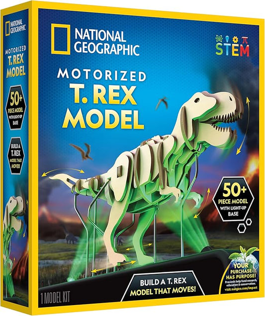 National Geographic Motorized Dinosaur 3D Puzzle - 50-Piece 3D T. Rex Wood Model Kit with Light-Up Motorized Display Base and 8 Light Settings, 3D Puzzles for Kids, Buildable Dinosaur Model