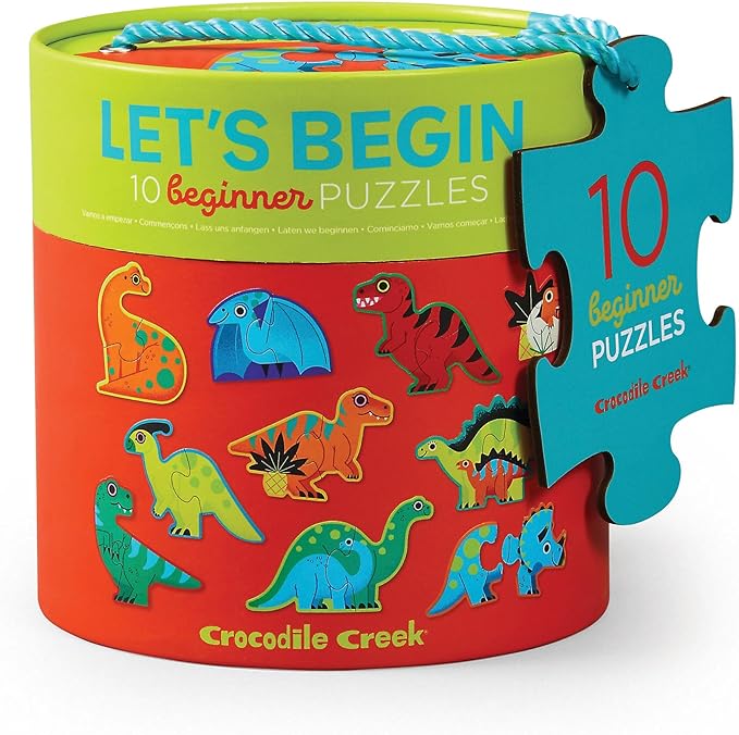 Crocodile Creek Let’s Begin Puzzle - Ten 2-Piece Beginner Puzzles for Ages 2 and Up - Heavy-Duty Storage Canister with Handle - Colorful Dinosaurs Design - Each Puzzle is 6" L x 4" H Finished