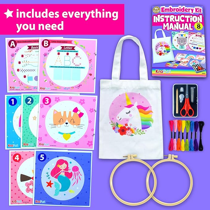 KRAFUN My First Embroidery Kit for Beginners Kids and Teenagers Simple Embroidery Patterns, Hand Embroidery Kit Includes Hoop, Cloth, Instructions for Stitches, Beginner Arts Craft Kit for Adults