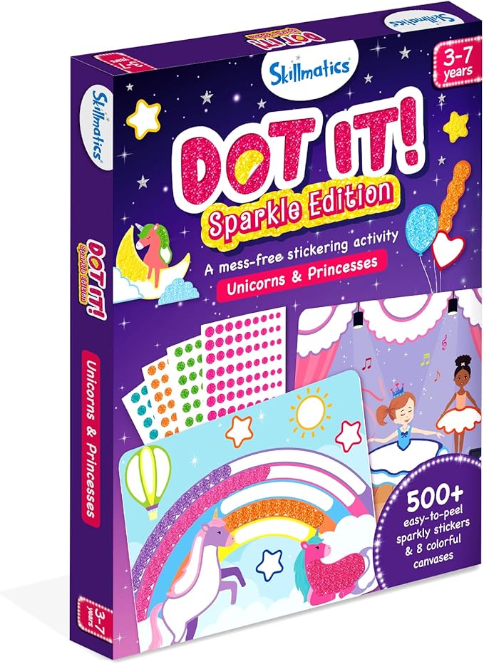 Skillmatics Dot It Sticker Art - Unicorns & Princesses, 500+ Sparkly Stickers, Mess-Free Fun for Kids, DIY Scrapbooking Craft Kits, Travel Toys, Gifts for Ages 3, 4, 5, 6, 7
