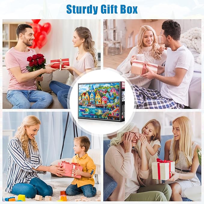 Seaside Town Jigsaw Puzzles, 1000 Piece Jigsaw Puzzles for Adults - Ocean Boat Seagull Landscape Puzzle - Challenging for Adults with Vibrant Coastal Art - 28x20 Inch, Family Games & Gift