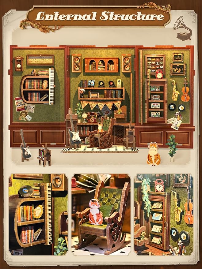 Cutefun Book Nook Kit - DIY Miniature House Kit for Bookshelf Decor, Book Nook Kits for Adults & Beginners, 3D Wooden Puzzle Dollhouse, Ideal Gift for Book Lovers (Memories Music Bookshop)